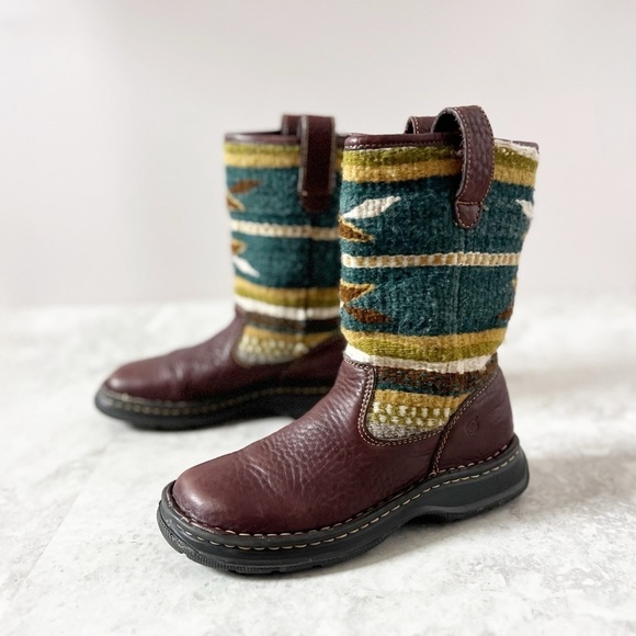 BORN Leather Wool Blanket Aztec Print Boots 36.5 / 6.5 Green Southwestern Boho - Picture 12 of 12